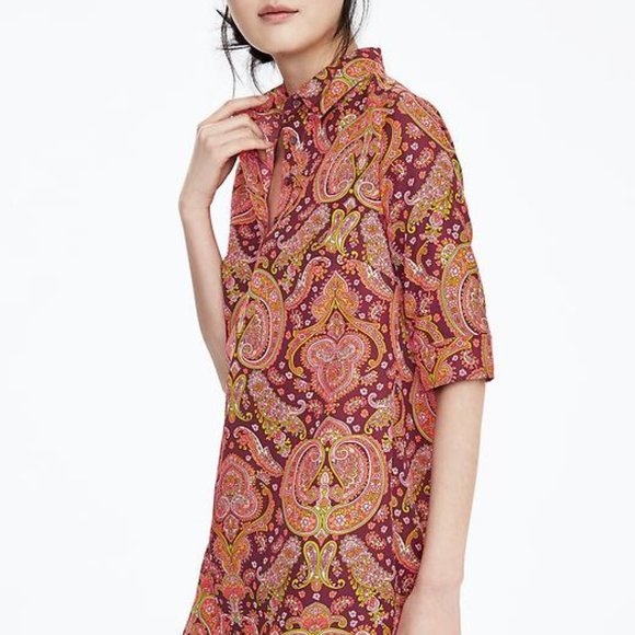Banana Republic BR bright orange pink Paisley short shirt Dress easy care 4 S SM - Picture 3 of 15
